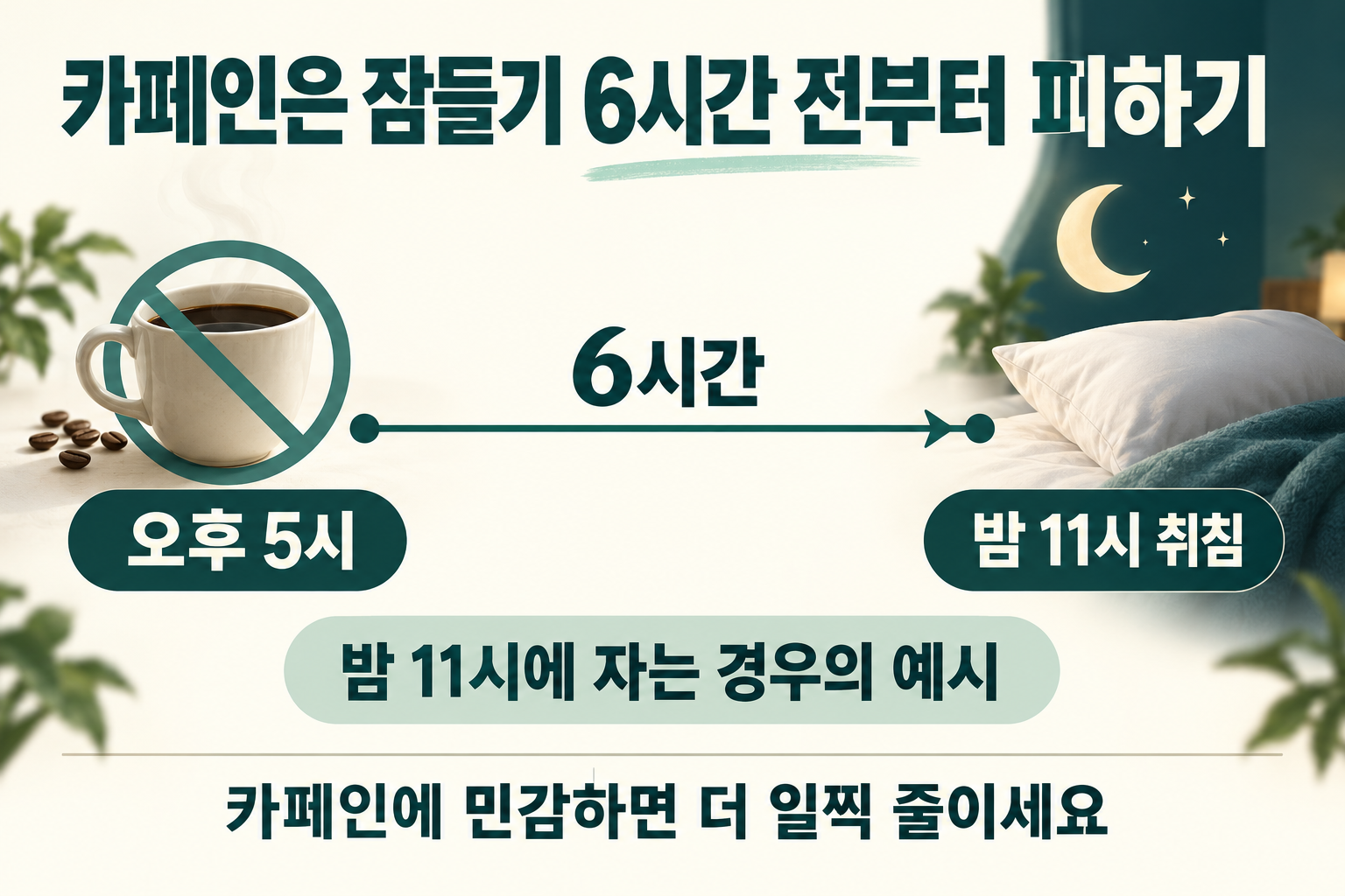 밤 11시 취침 시 오후 5시부터 카페인을 피하는 6시간 계산 예시