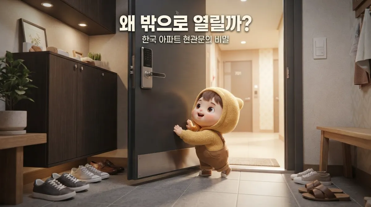 한국 아파트 현관문이 안쪽이 아닌 바깥쪽으로 열리는 이유를 설명하는 미니미 캐릭터 합성 이미지