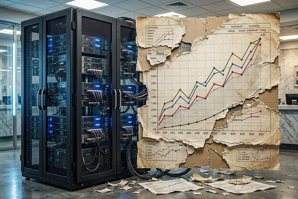A sleek server rack partially transitioning into a crumbling financial debt chart.