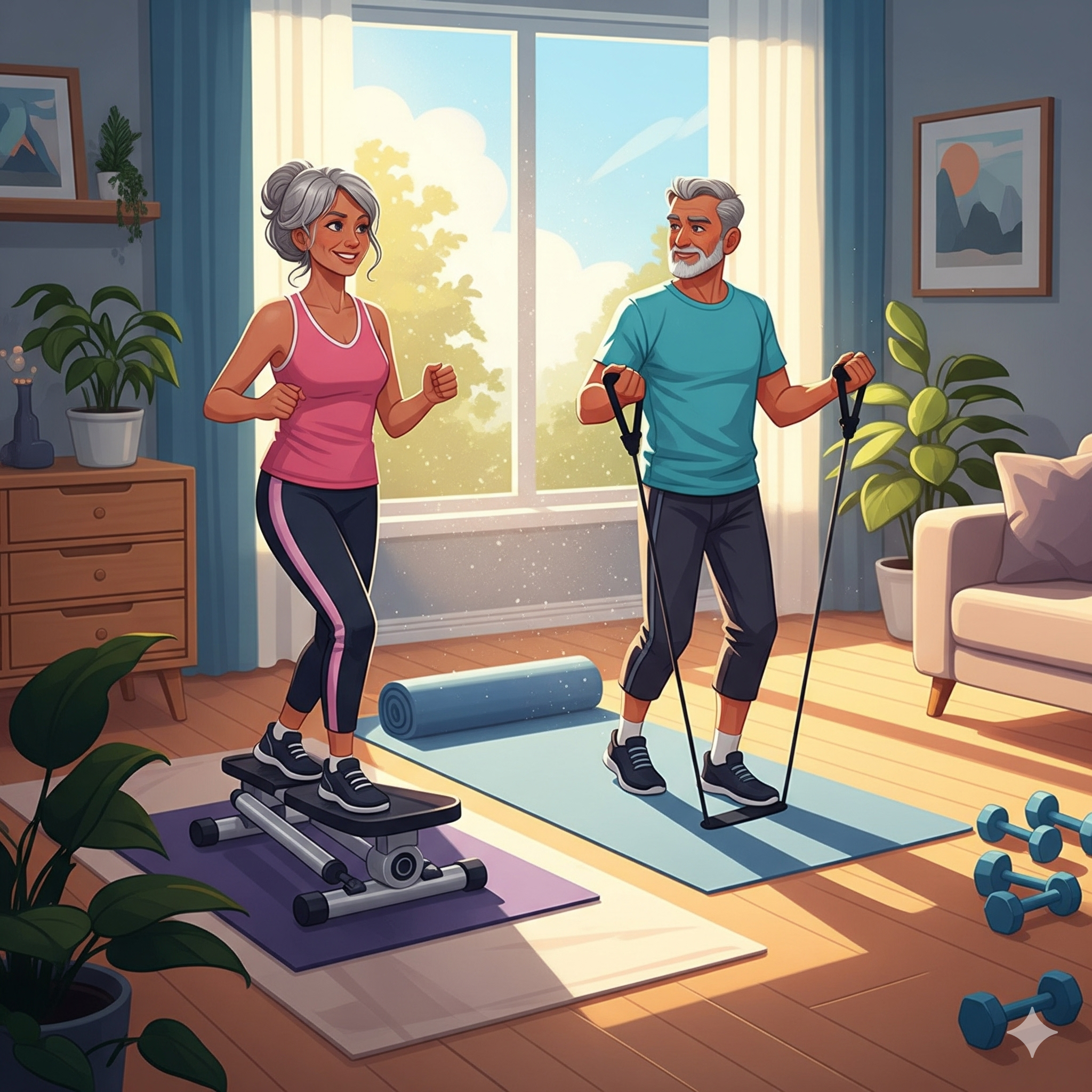 깔끔한 거실에서 50-60대 중년 부부가 다양한 홈트레이닝 기구들