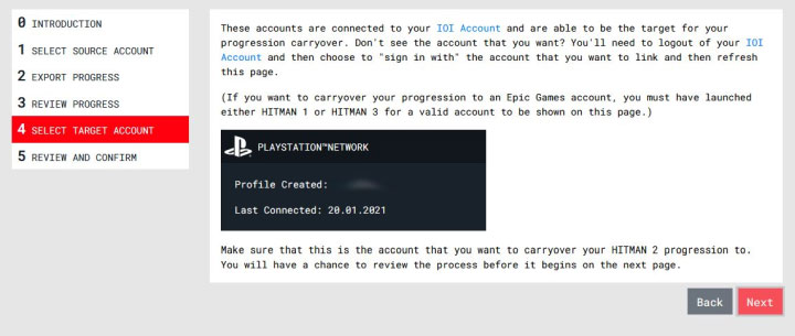 히트맨2 진행상황을 내보내기할 히트맨3 대상 계정 선택하기