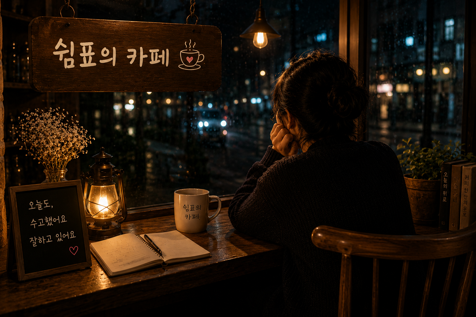 비 오는 밤, 따뜻한 조명이 흐르는 《쉼표의 카페》 창가 자리에 앉아 커피 한 잔과 노트를 앞에 두고 조용히 사색 중인 쉼표의 뒷모습 감성 일러스트.