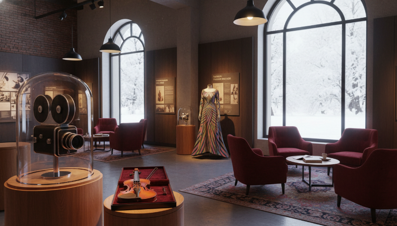 눈 내리는 창밖과 대조되는 따뜻한 실내 박물관 풍경. 빈티지 카메라, 오래된 악기, 독특한 의상 등 다양한 테마 전시물이 아늑하게 전시되어 있는 모습.