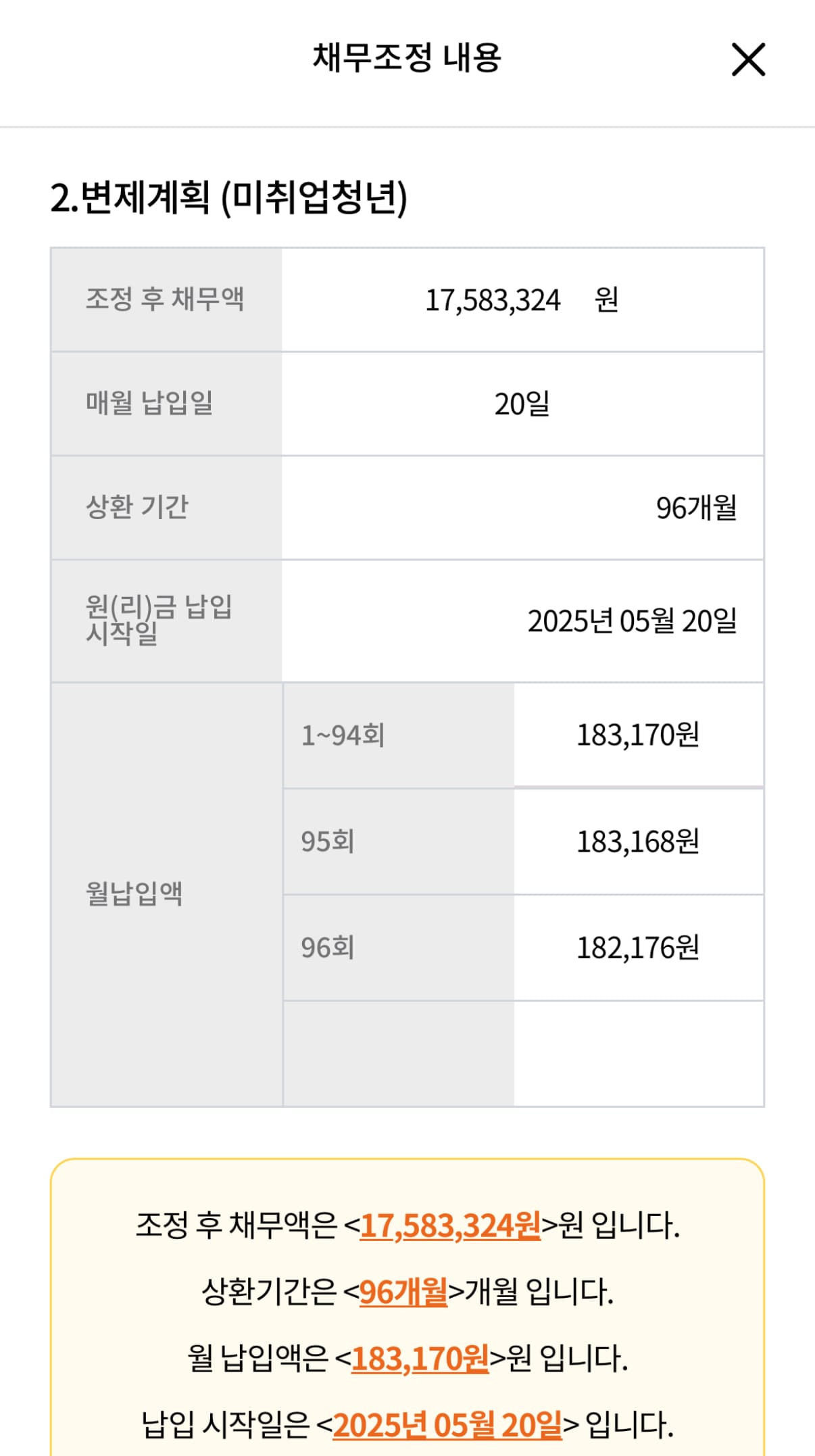실제 신용회복 상환 계획표 캡처 사진