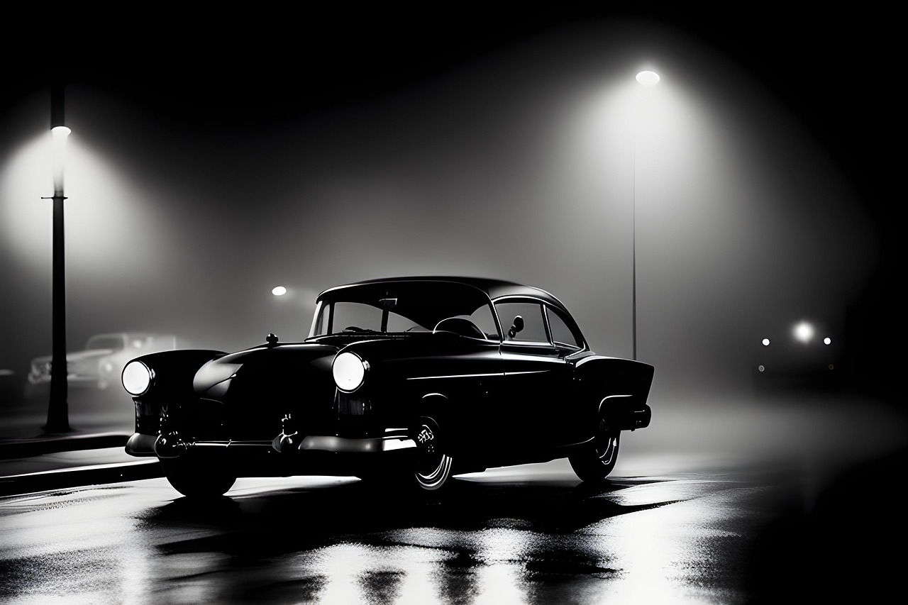 어두운 골목 배경에 검은색 자동차기 서있는 이미지