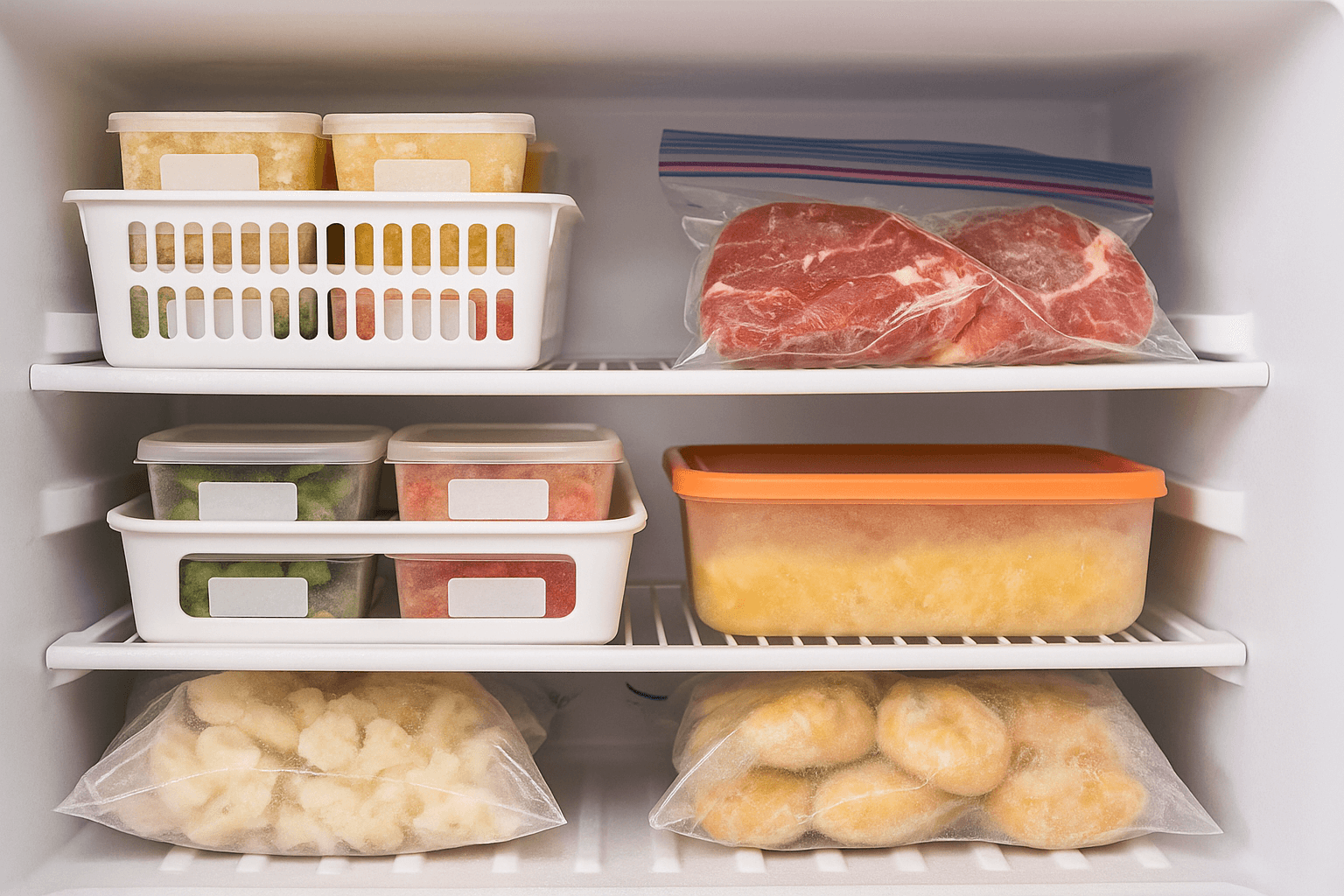 라벨이 붙은 식재료들이 정리된 냉동실 내부, 바구니와 용기로 구획이 나뉘어 있는 모습