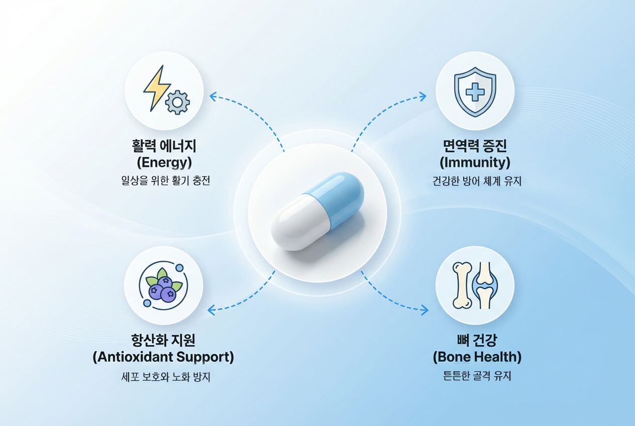 하루 한 번 멀티비타민 섭취 루틴과 주요 비타민&middot;미네랄 기능을 정리한 인포그래픽