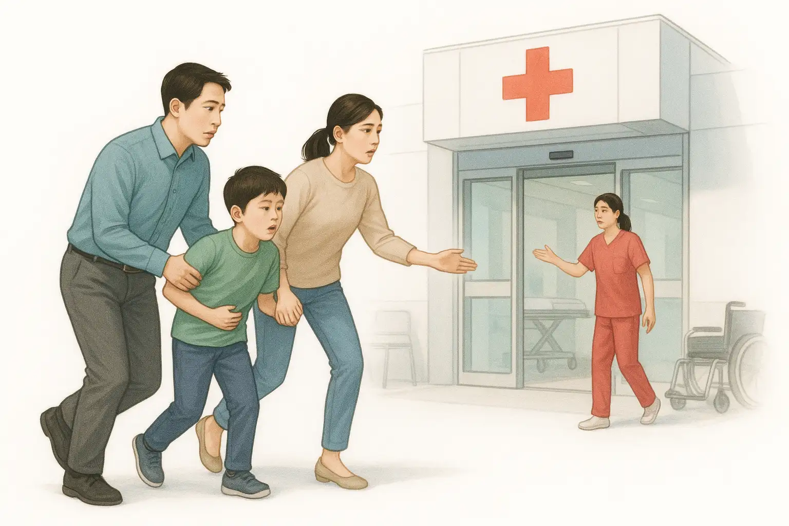 응급실을 찾는 가족, 아이를 동반한 장면