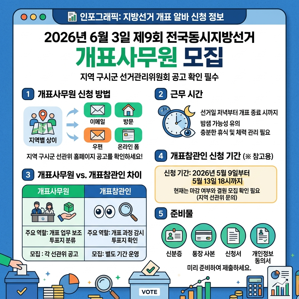 지방선거 개표 알바 신청 방법 2026 개표사무원&middot;개표참관인 모집공고 확인 인포그래픽