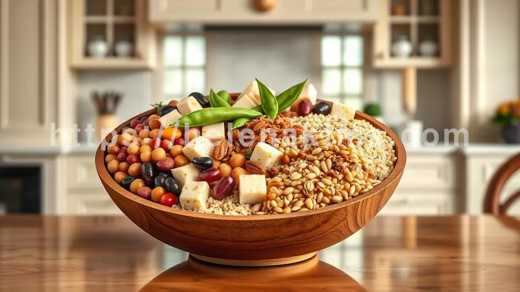 식탁 위 나무 그릇에 많은 종류의 콩이 담긴 이미지.