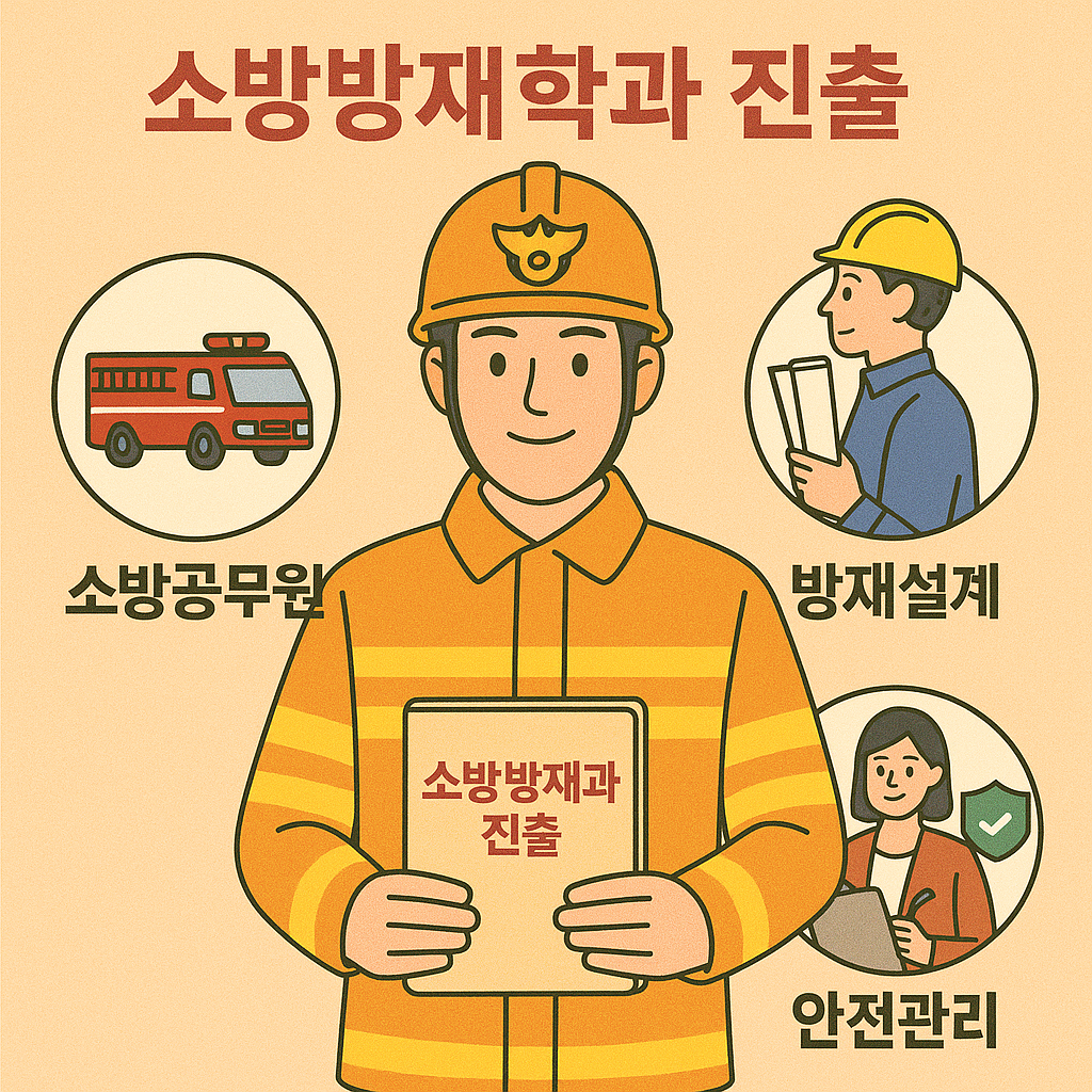 소방방재학과 진출 직무를 주제로 소방공무원, 방재설계, 안전관리 분야를 소방복을 입은 인물과 함께 표현한 일러스트 포스터