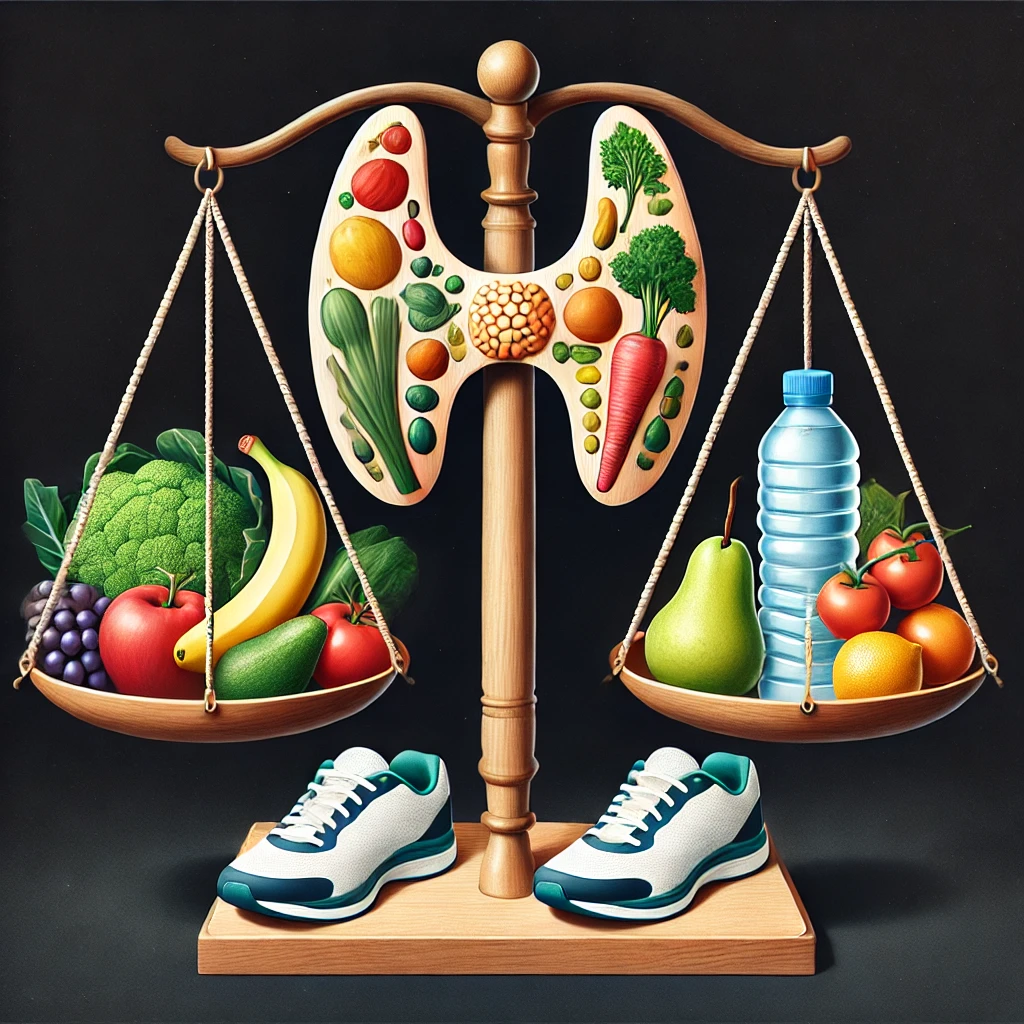균형 잡힌 저울 한쪽에는 야채와 과일&amp;#44; 다른 쪽에는 운동화와 물병&amp;#44; 가운데 작은 갑상선을 형상화한 심볼이 있는 메타포릭한 이미지