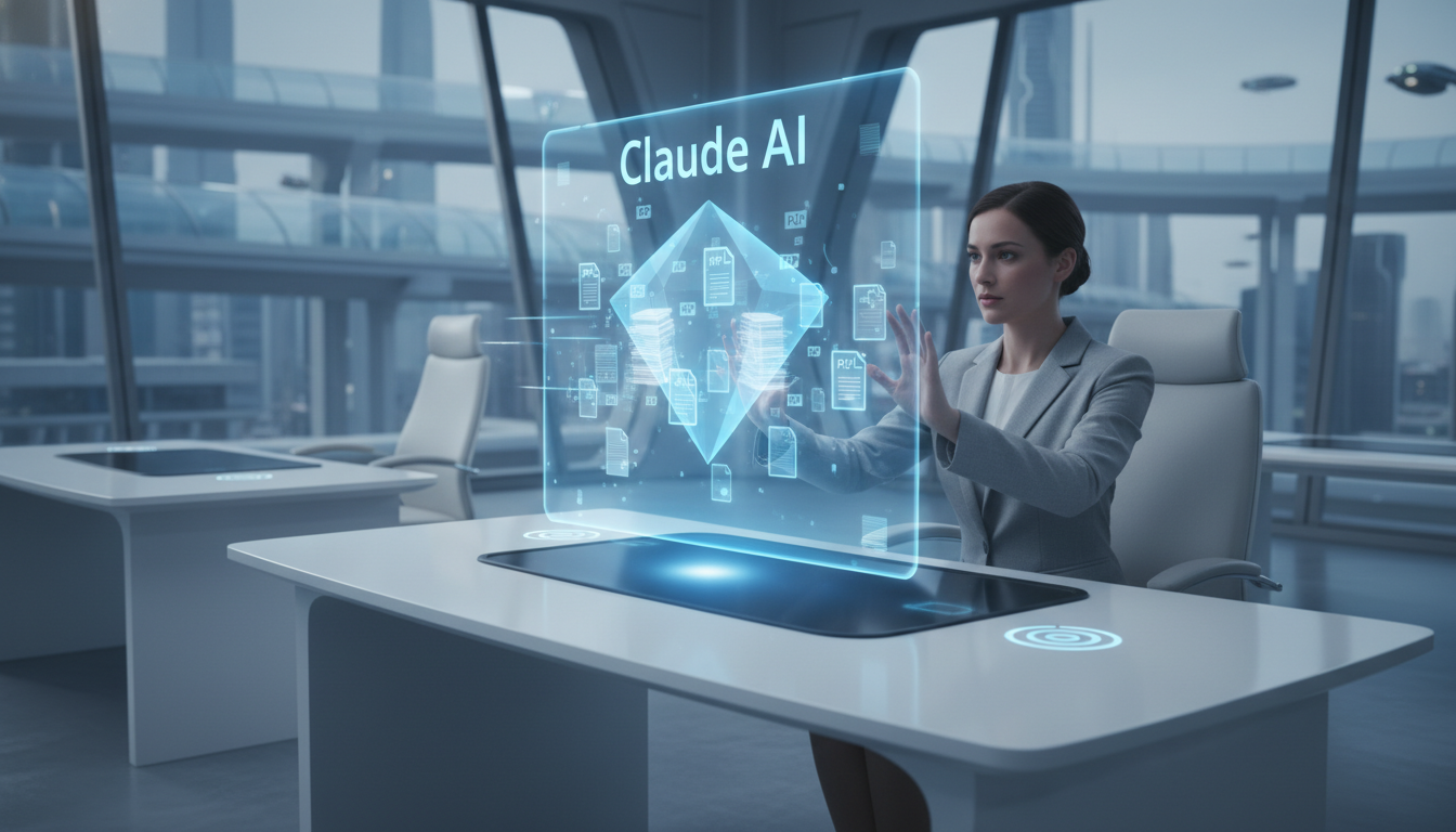 클로드 AI 인터페이스에서 복잡한 문서들이 간결한 보석 모양의 요약본으로 변환되는 2026년의 미래지향적인 업무 환경 이미지