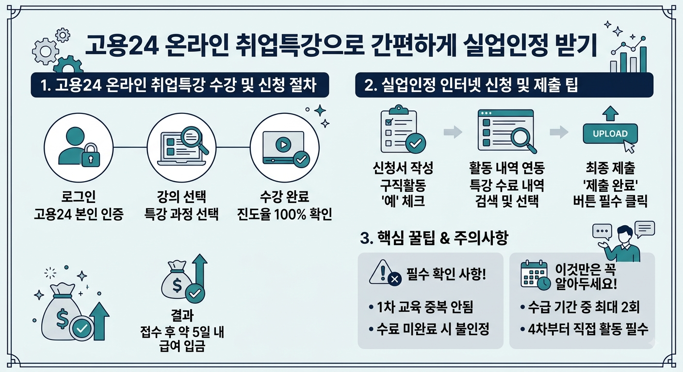 고용24 온라인 취업특강 수강 및 인터넷 실업인정 신청 절차 요약 인포그래픽