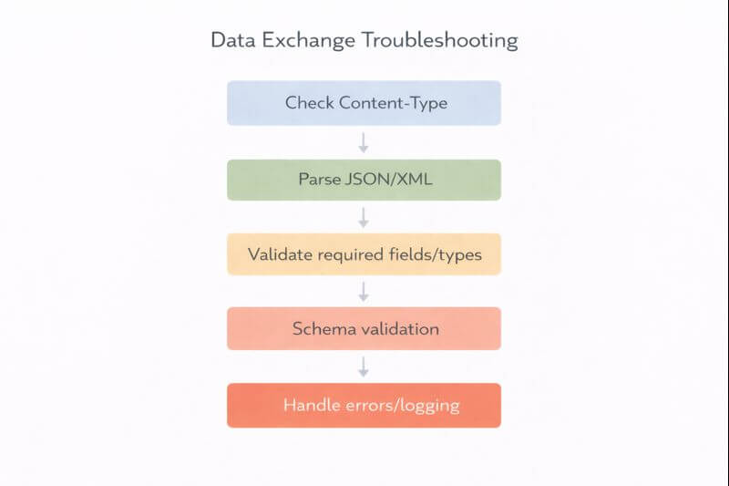 시스템 간 데이터 교환에서 JSON 또는 XML이 깨질 때 Content-Type 확인, 파싱 오류 확인, 필드 누락/타입 불일치 확인, 스키마 검증 강화로 이어지는 전산학 진단 흐름도