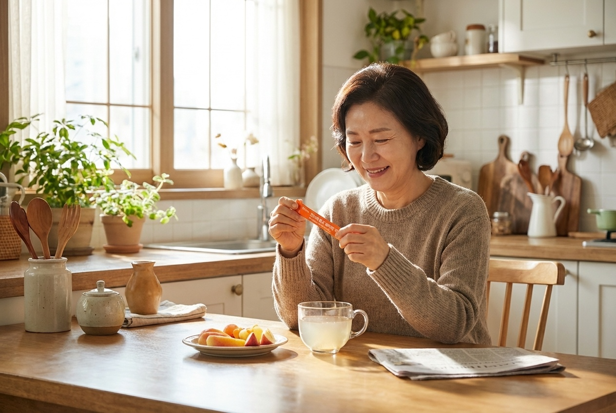밝은 주방에서 중년 여성이 미소 지으며 오렌지색 알부민 스틱 포를 들고 있는 모습, 테이블 위에 과일 접시와 음료가 놓여 있는 건강한 아침 풍경