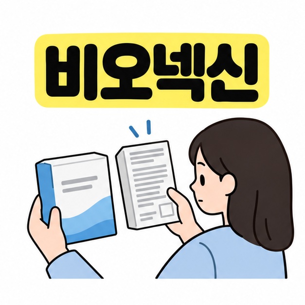 비오넥신 제목 아래 제품 상자와 표시 내용을 읽는 사람을 그린 안내 이미지