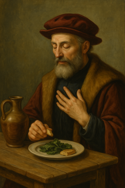 중세 이탈리아 귀족 복장을 한 남성이 식사를 절제하며 명상하는 모습