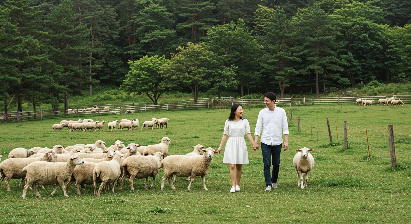 평창 대관령 양떼목장에서 양들과 함께 걷는 한국인 커플