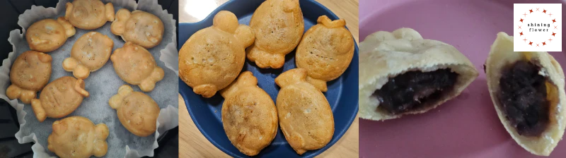 왼쪽부터 팥붕어빵 굽기전-구은 후-구은 후 단면