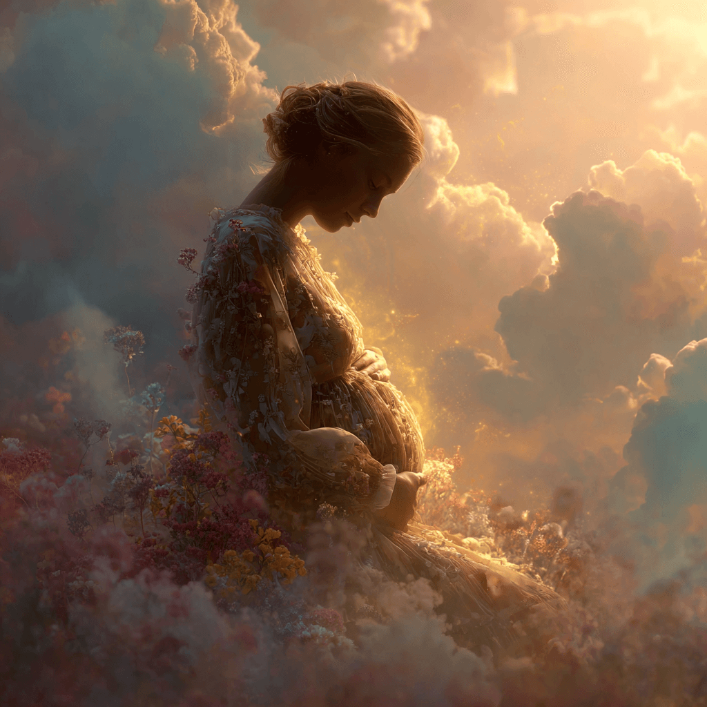 꿈속에서 임신한 여성이 빛나는 배를 감싸 안고 있는 몽환적인 장면, 따뜻한 황금빛과 꽃, 구름이 어우러진 환상적인 분위기
