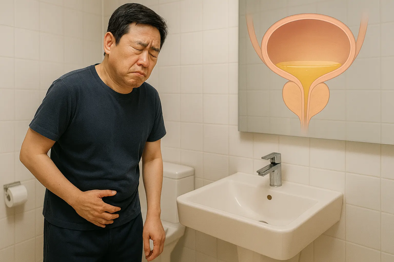 화장실에서 소변을 본 뒤에도 개운하지 않은 표정의 남성, 방광에 소변이 남아 있는 단면 의학 일러스트