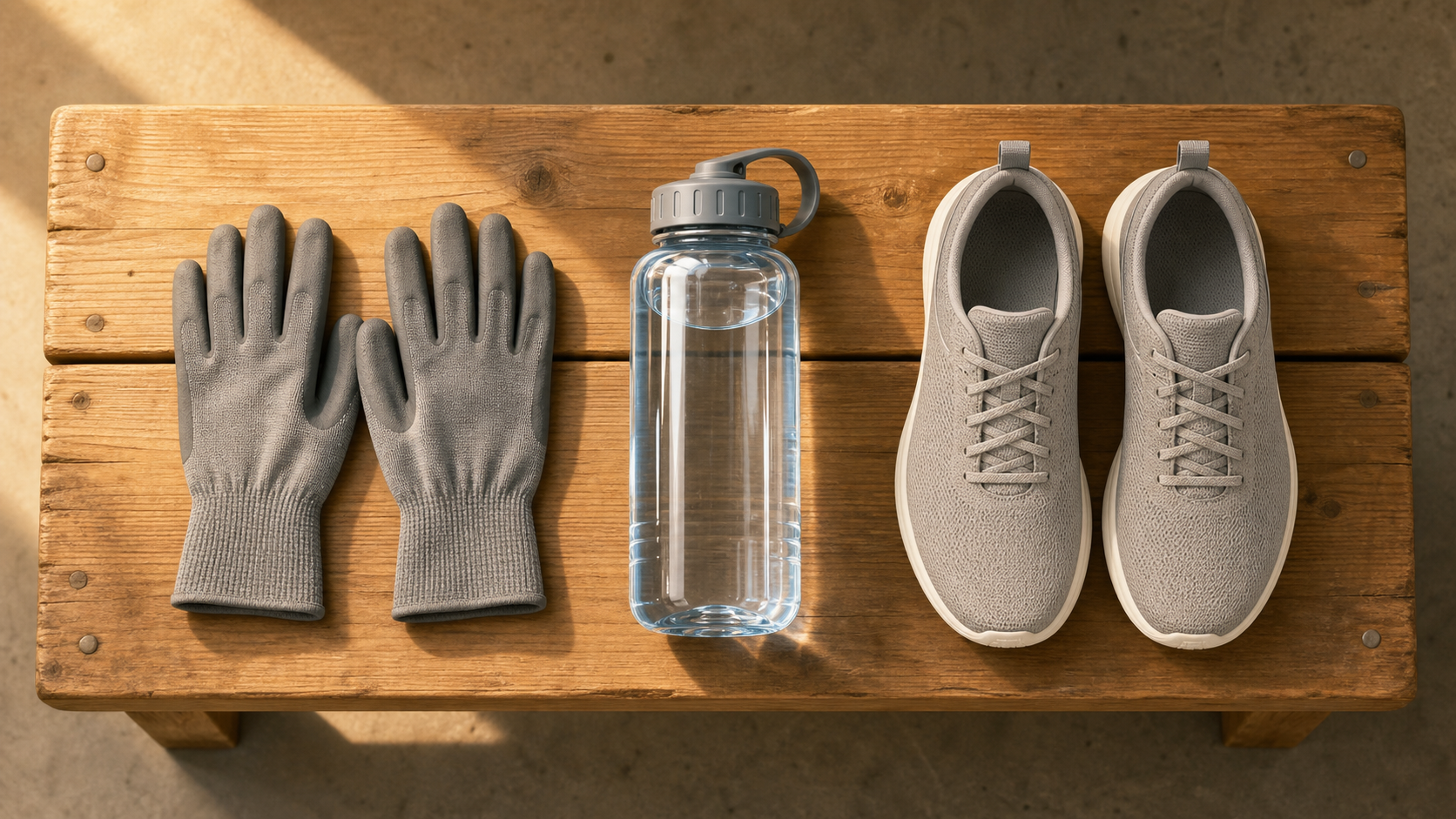 a flat illustration of work gloves, a water bottle, and a pair of plain sneakers laid out on a bench, soft warm lighting, no text no faces