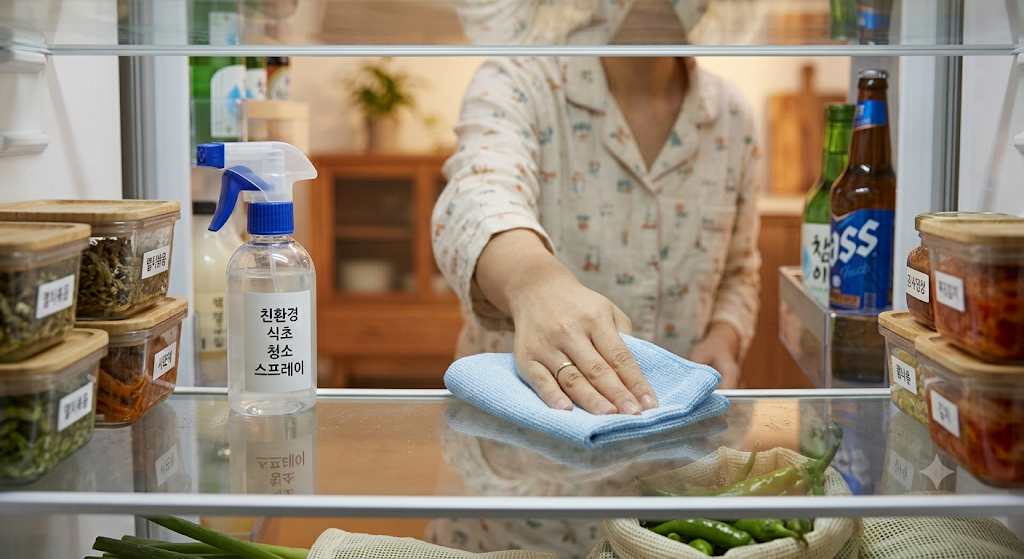 친환경 식초 스프레이로 냉장고 청소하는 사진
