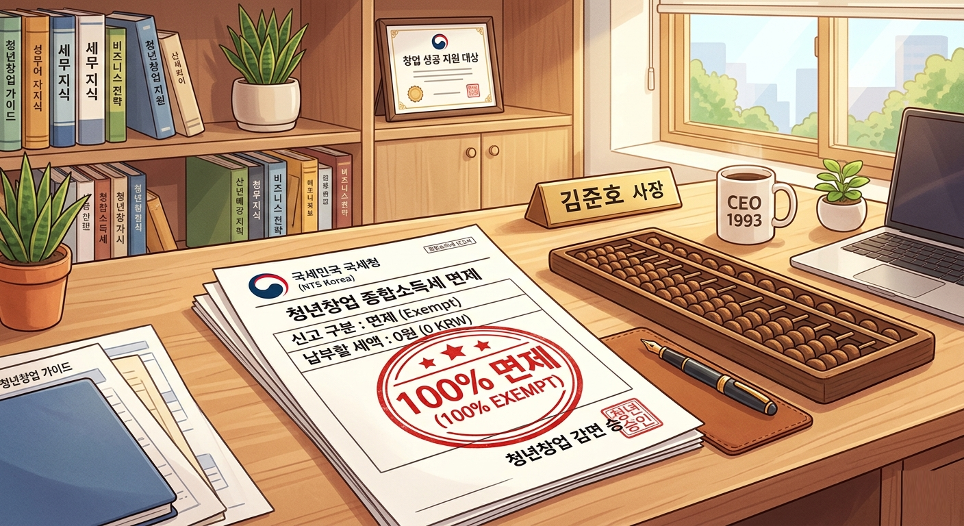 2026년 청년창업 종합소득세 100프로 면제 조건 국세청 서류 및 주판 일러스트
