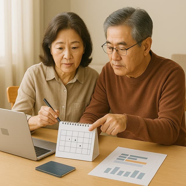 식탁 위에 노트북과 통장, 간단한 예산표가 놓여 있고 60대 부부가 캘린더를 보며 자동이체 일정을 체크하는 장면