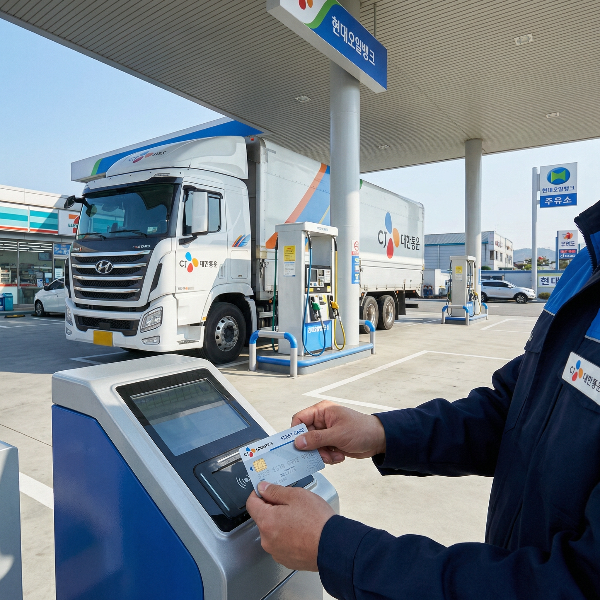 대한민국의 현대적인 주유소에서 대형 화물차가 연료를 주입하고 있는 모습. 차주가 전용 화물복지카드를 사용하여 결제하는 장면이 강조되어 있으며, 깨끗한 물류 트럭과 주유소의 활기찬 분위기를 담은 8k 초고해상도 사진.