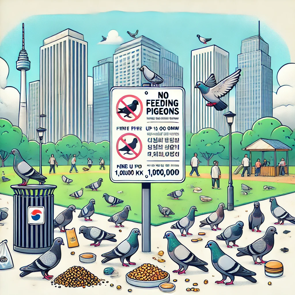 이 사진은 비둘기에세 먹이를 제공해서 기하학적으로 개체수가 급등한 예시 사진입니다.