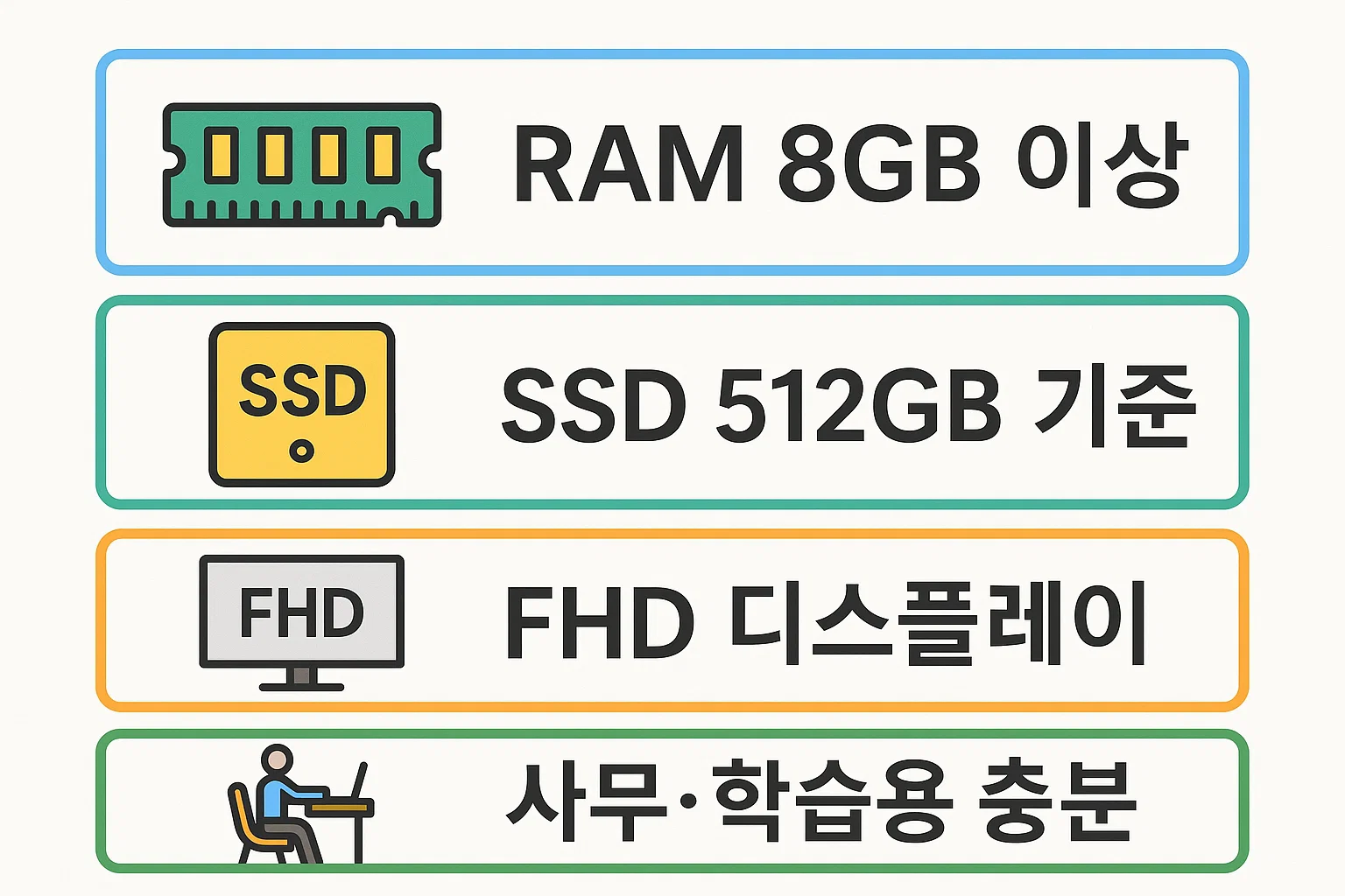 RAM 8GB 이상, SSD 512GB, FHD 디스플레이 등 2025년 기준 사무&middot;학습용으로 충분한 저가형 노트북 사양을 정리한 비교표 이미지입니다.
