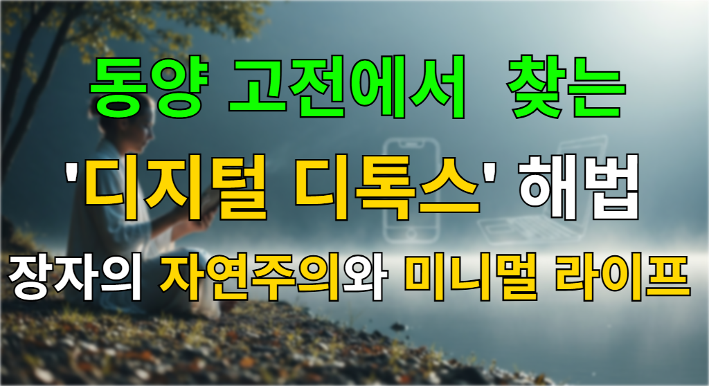 자연 속에서 평화롭게 명상하며 디지털 기기로부터 벗어난 현대인의 모습, 장자의 자연주의와 미니멀 라이프를 상징하는 평온한 이미지