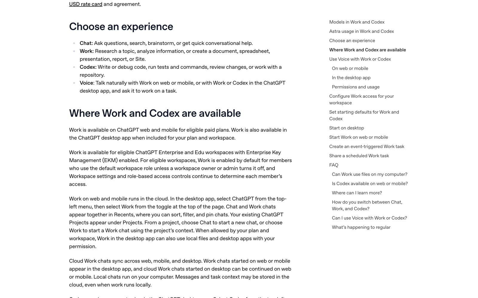 오픈AI 도움말 센터의 Chat·Work·Codex 구분 안내 화면