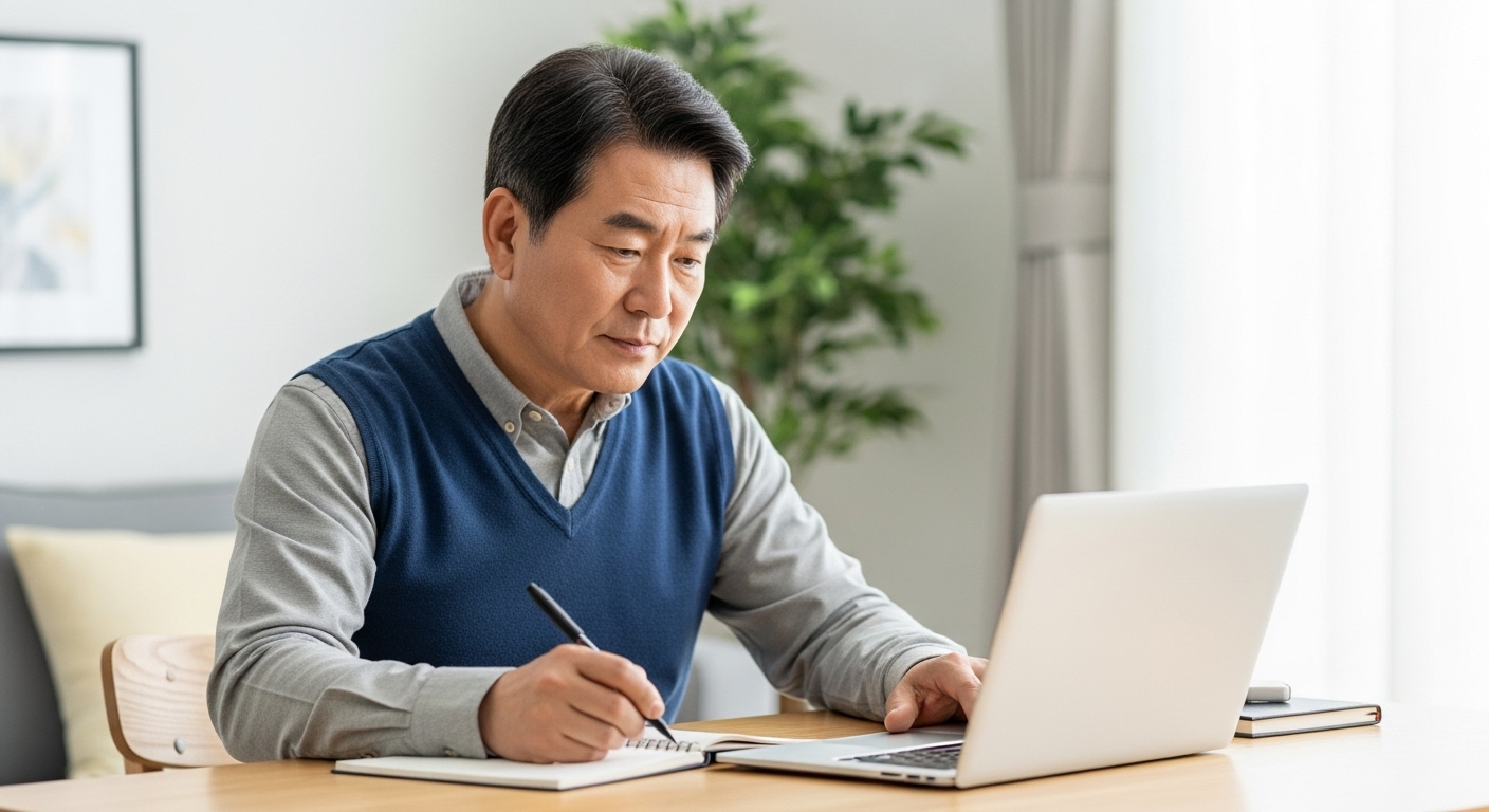 50대 한국 남성이 노트북으로 새로운 디지털 기술을 배우며 부업을 준비하는 모습