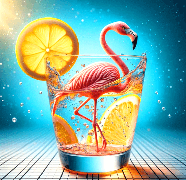 투명한 유리컵에 물과 노란 레몬조각이 있다. 그리고 컵 안에 분홍색 홍학이 들어있다.