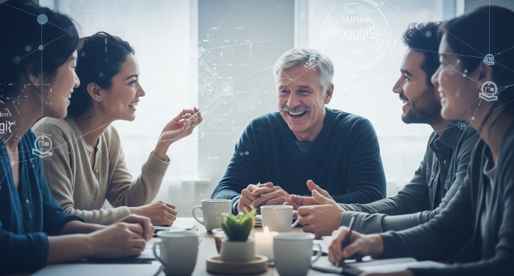 사람들이 모여 이야기하고 공감하며 따뜻한 교류를 나누는 모습. 블로그를 통해 인간적인 연결과 감성적 소통을 확장하는 2025년 블로그의 방향성을 상징합니다.