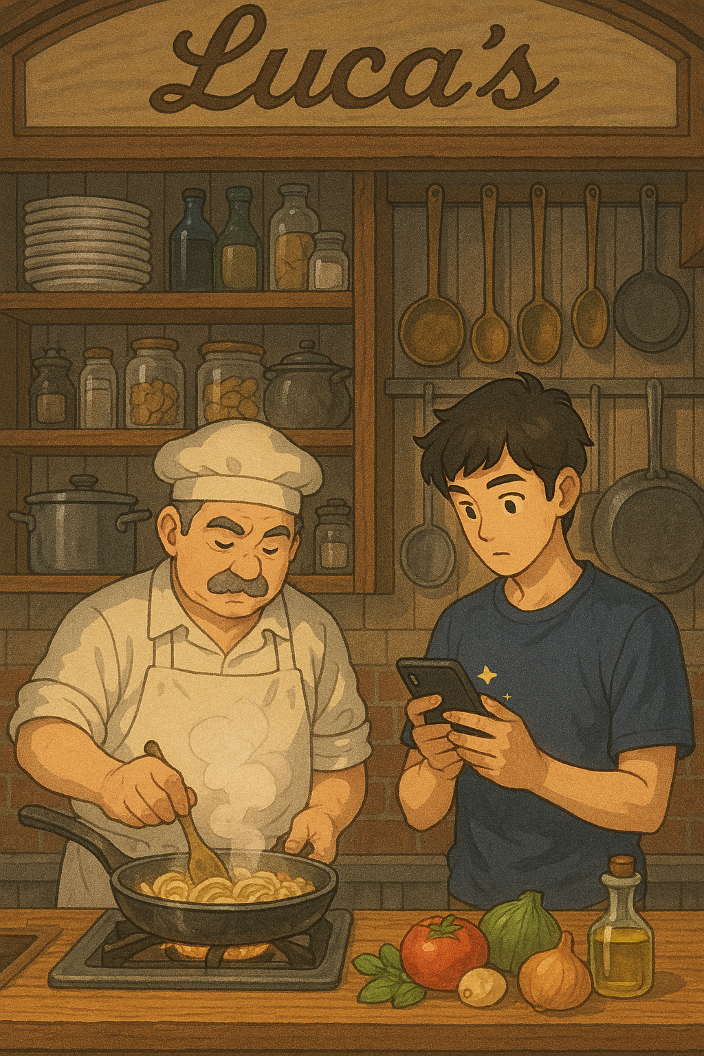 아버지와 아들이 함께 있는 작은 파스타 가게 주방