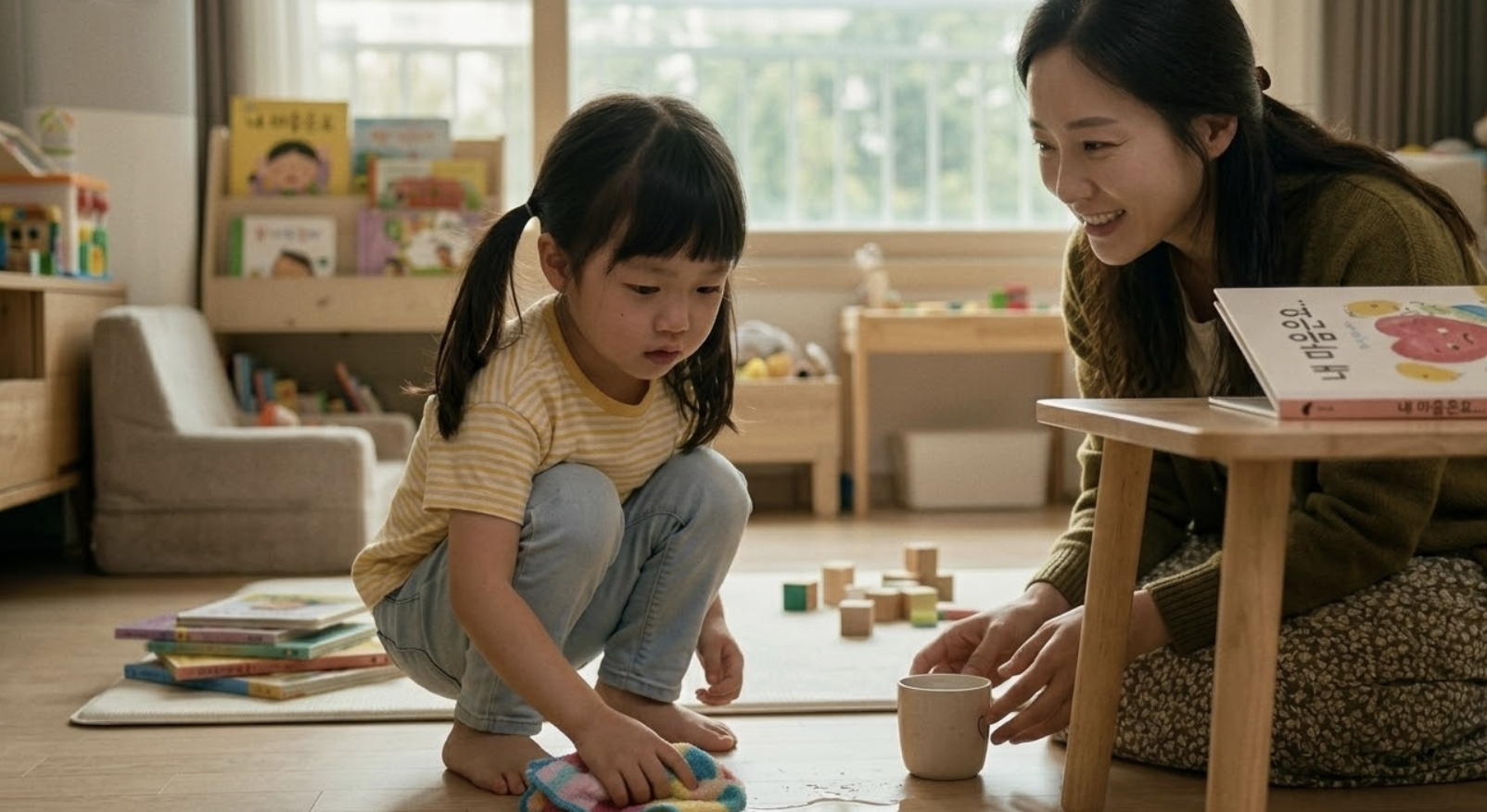 거실 바닥에 엎질러진 물을 아이가 스스로 걸레로 닦아보려고 노력하는 모습과 이를 옆에서 인내심 있게 미소 지으며 지켜보는 엄마의 모습.