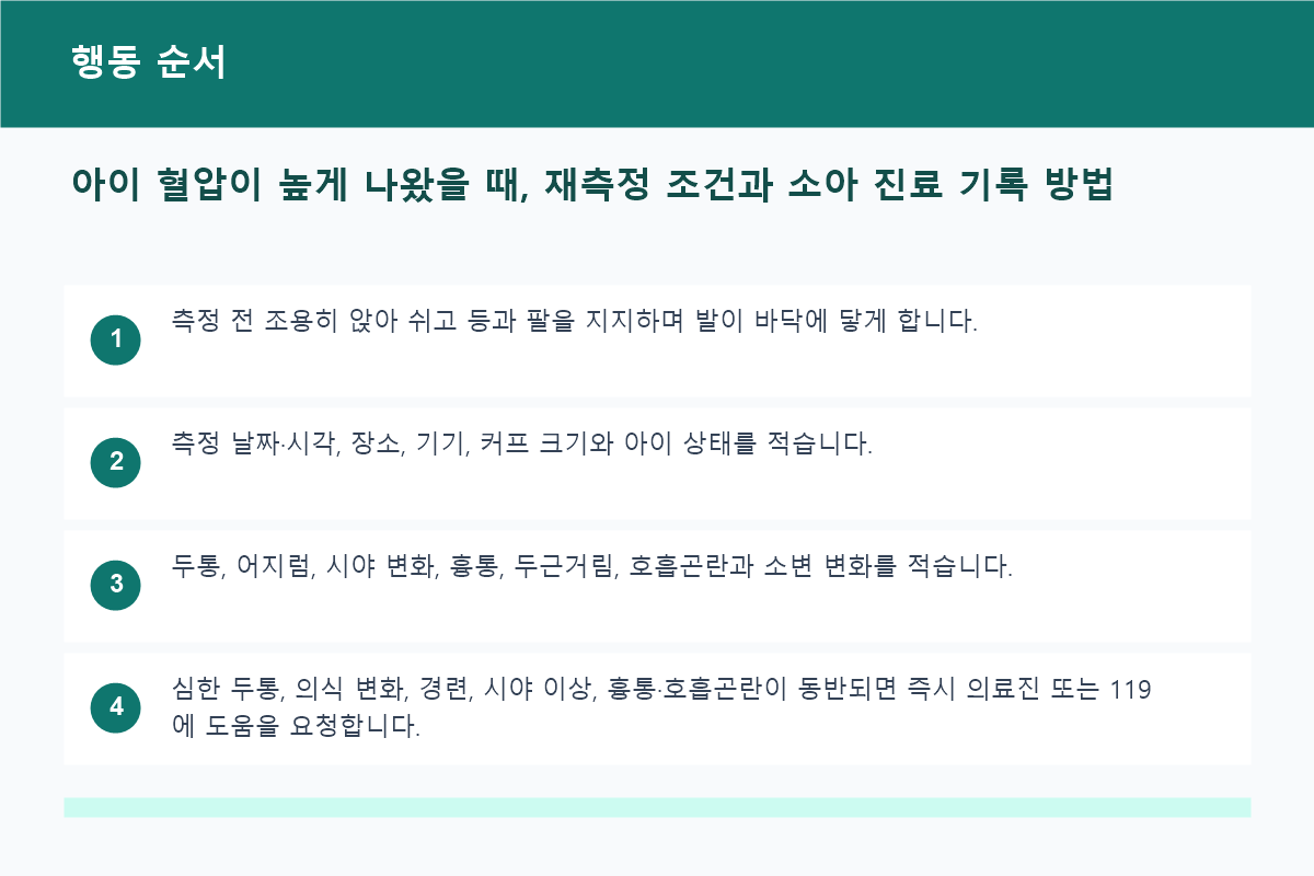 아이 혈압 재측정과 소아 진료 준비 행동 순서도