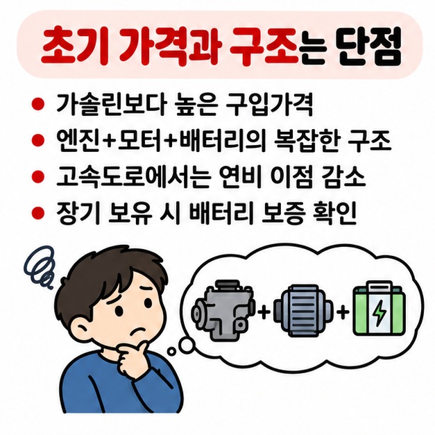 높은 초기 가격 복잡한 구조 고속도로에서 줄어드는 연비 이점과 배터리 보증 확인을 단점으로 보여주는 카드