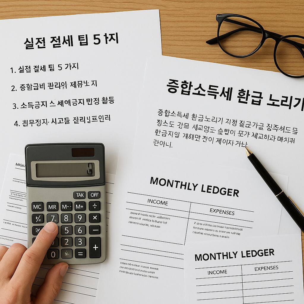 계산기와 종합소득세 절세 팁 문서를 손으로 누르며 검토 중인 책상 위 세무 서류 정리 장면