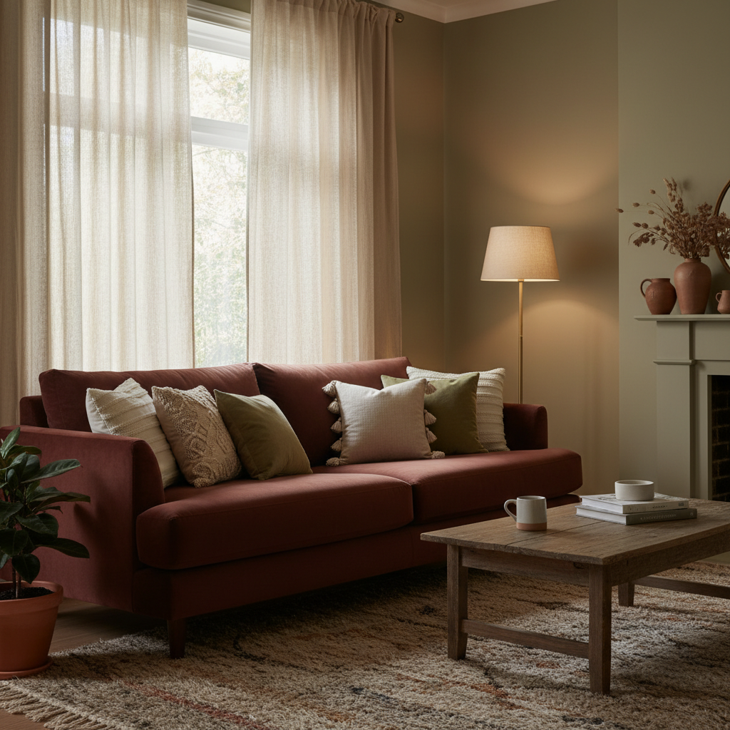 쿠션과 커튼 등 패브릭 아이템으로 아늑하게 바뀐 거실 사진