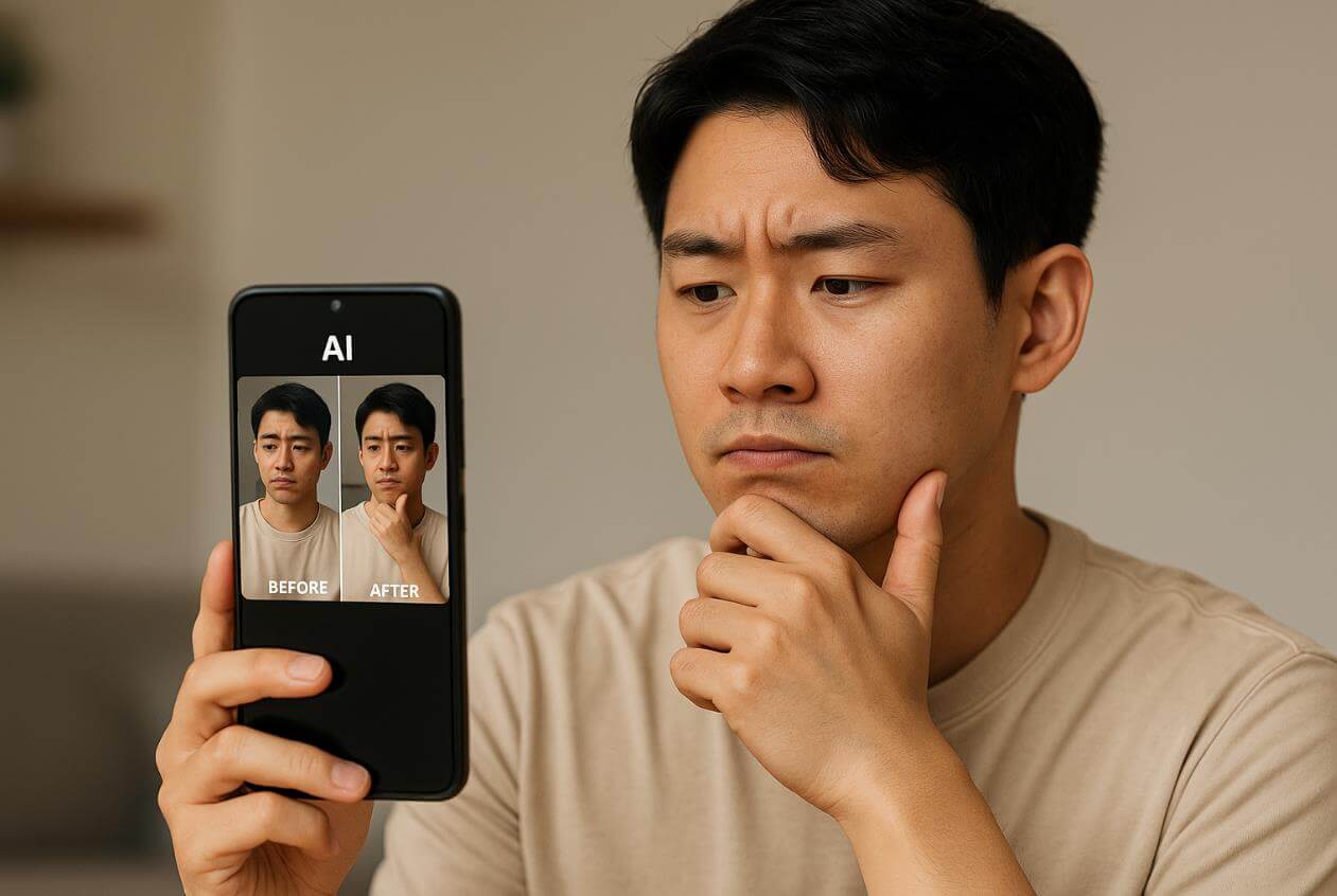 AI 보정 기능을 비교하며 고민하는 사용자