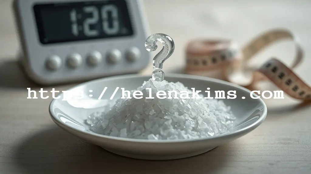 나무 탁자 위 하얀 접시에 소금이 담겨 있고 물음표가 그려져 있는 모습.