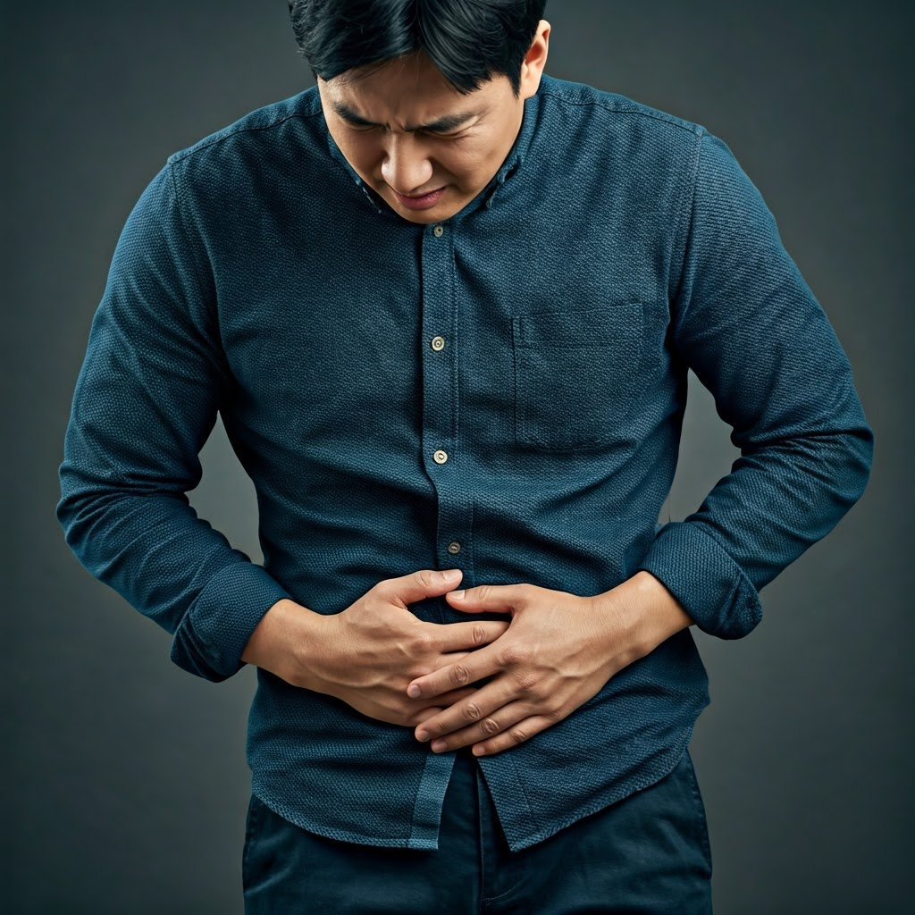 하복부의 통증으로 찡끄리는 남성 사진