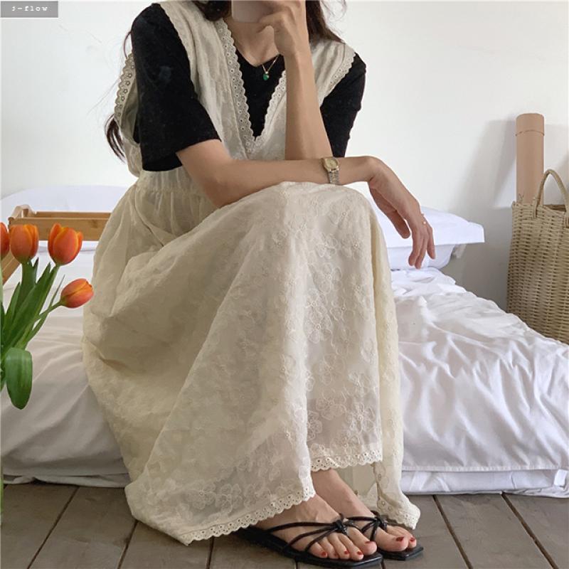 바니 레이스 자수 민소매 뷔스티에 롱원피스 (아이베이지) 봄 여름 레이어드 브이넥 제이플로우