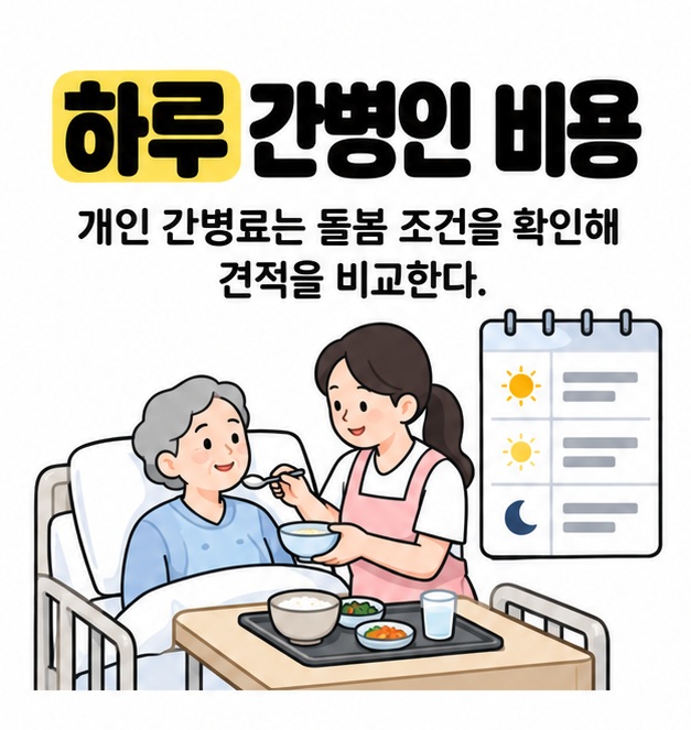 하루 간병인 비용 제목 아래 간병인이 병상에 앉은 어르신의 식사를 돕고 옆에 하루 일정표가 놓인 대표 이미지