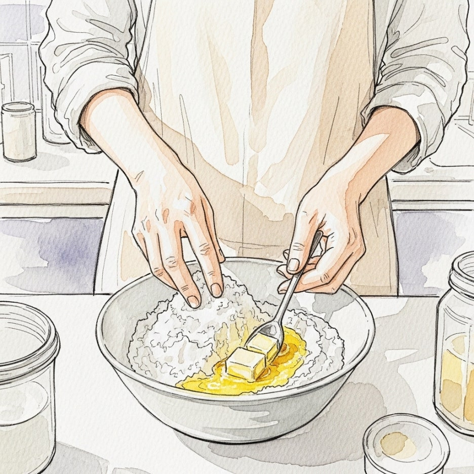 찹쌀가루와 버터를 정성스럽게 섞는 주방 풍경